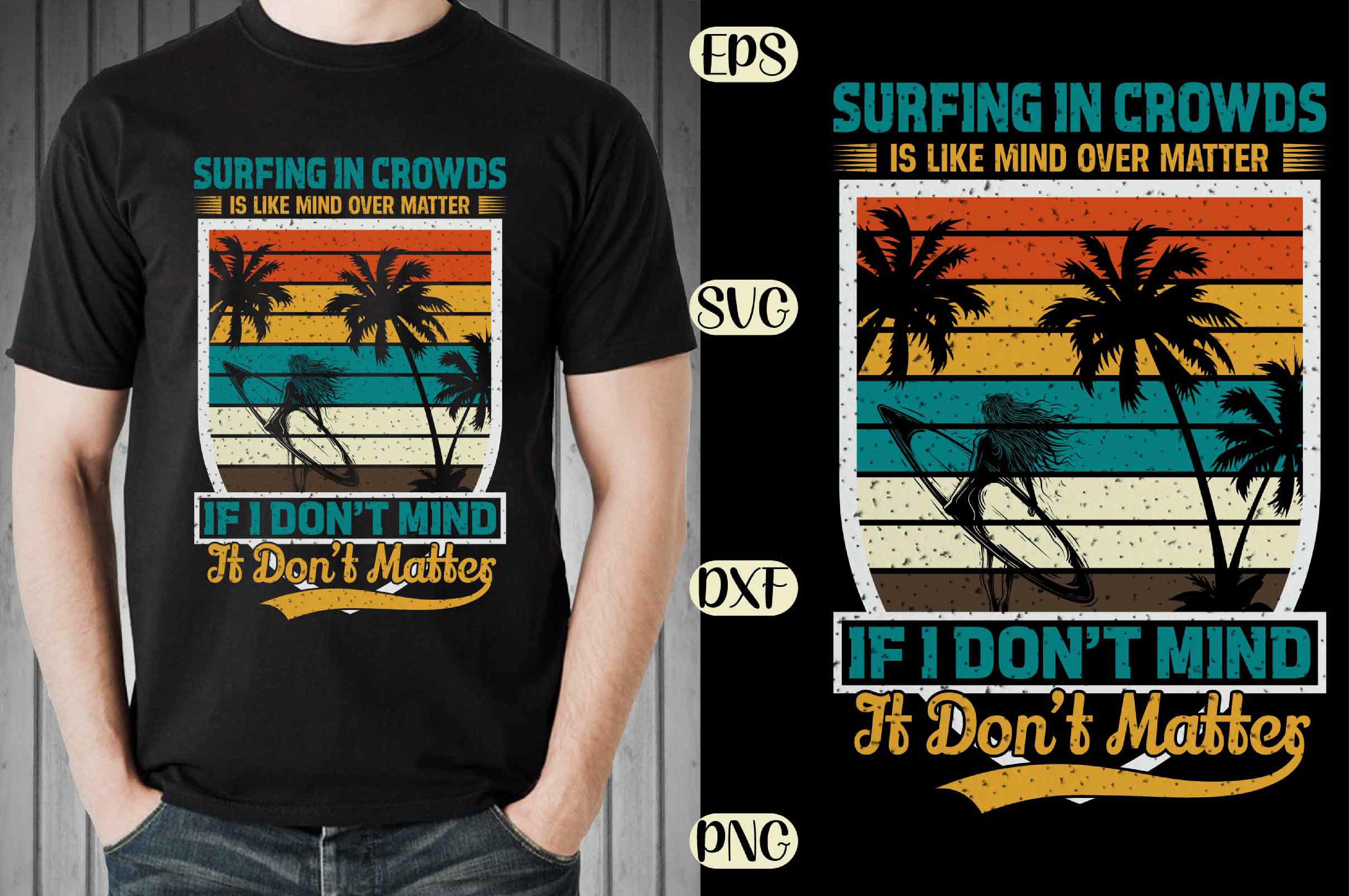 T - shirt with a picture of a palm tree and the words surfing in.