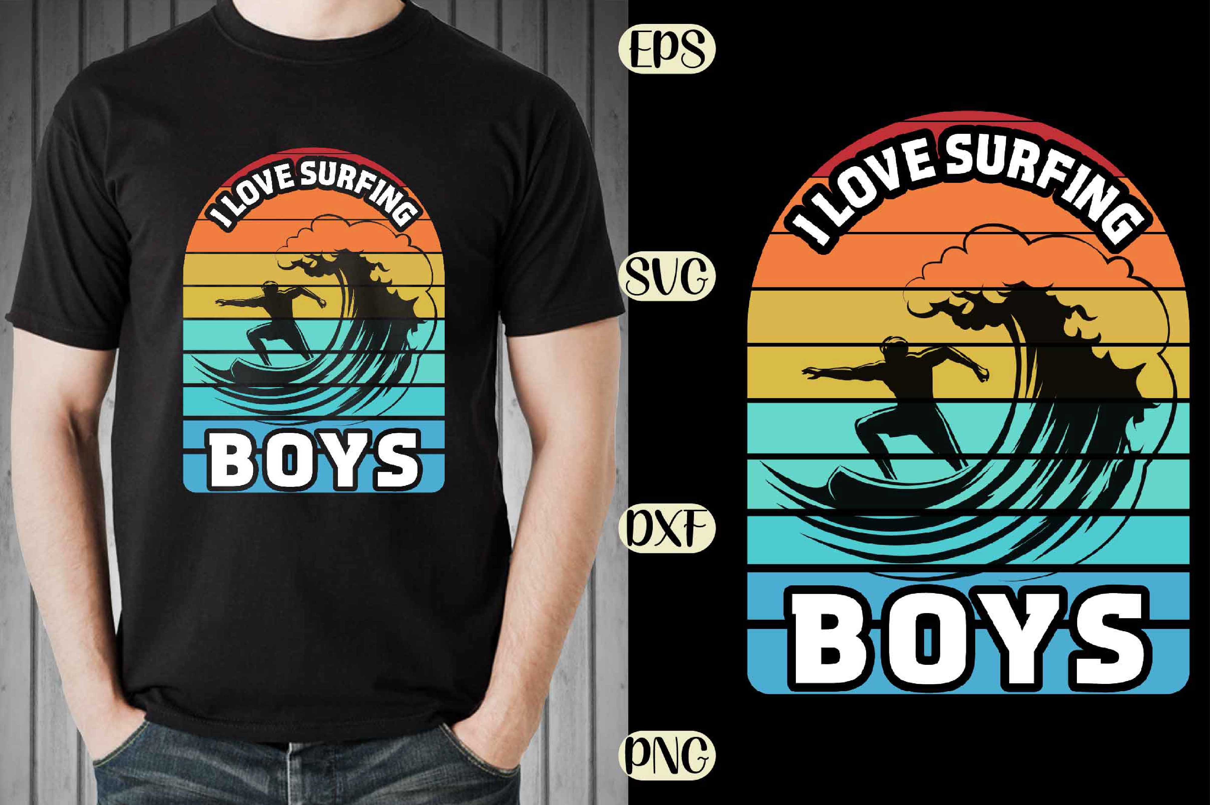 Man wearing a t - shirt that says i love surfing boys.