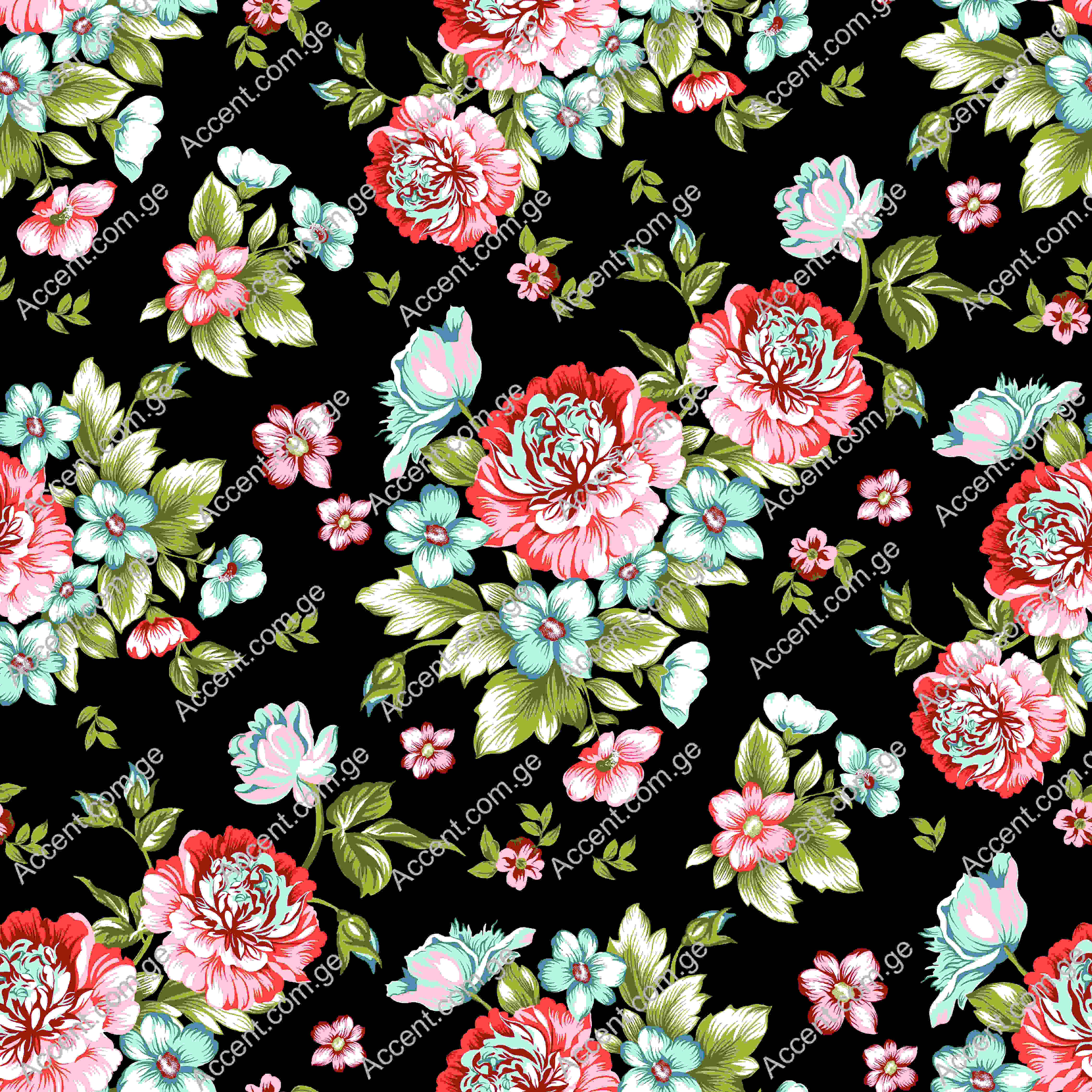 Black background with pink and blue flowers.