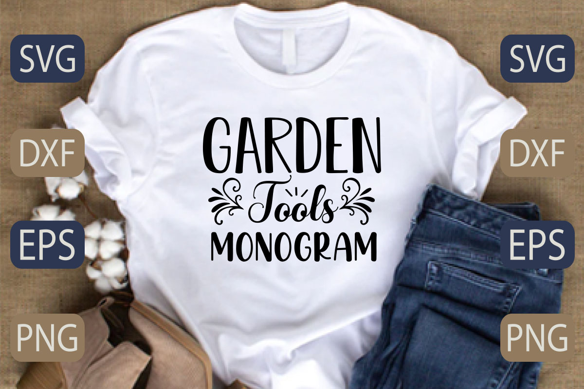 T - shirt that says garden tools monogram.
