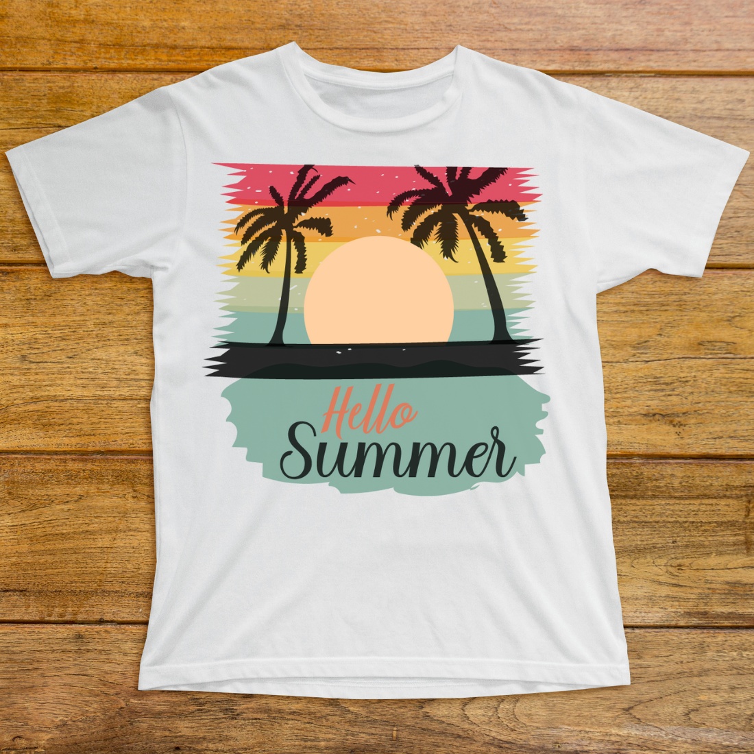 White t - shirt with the words hello summer on it.