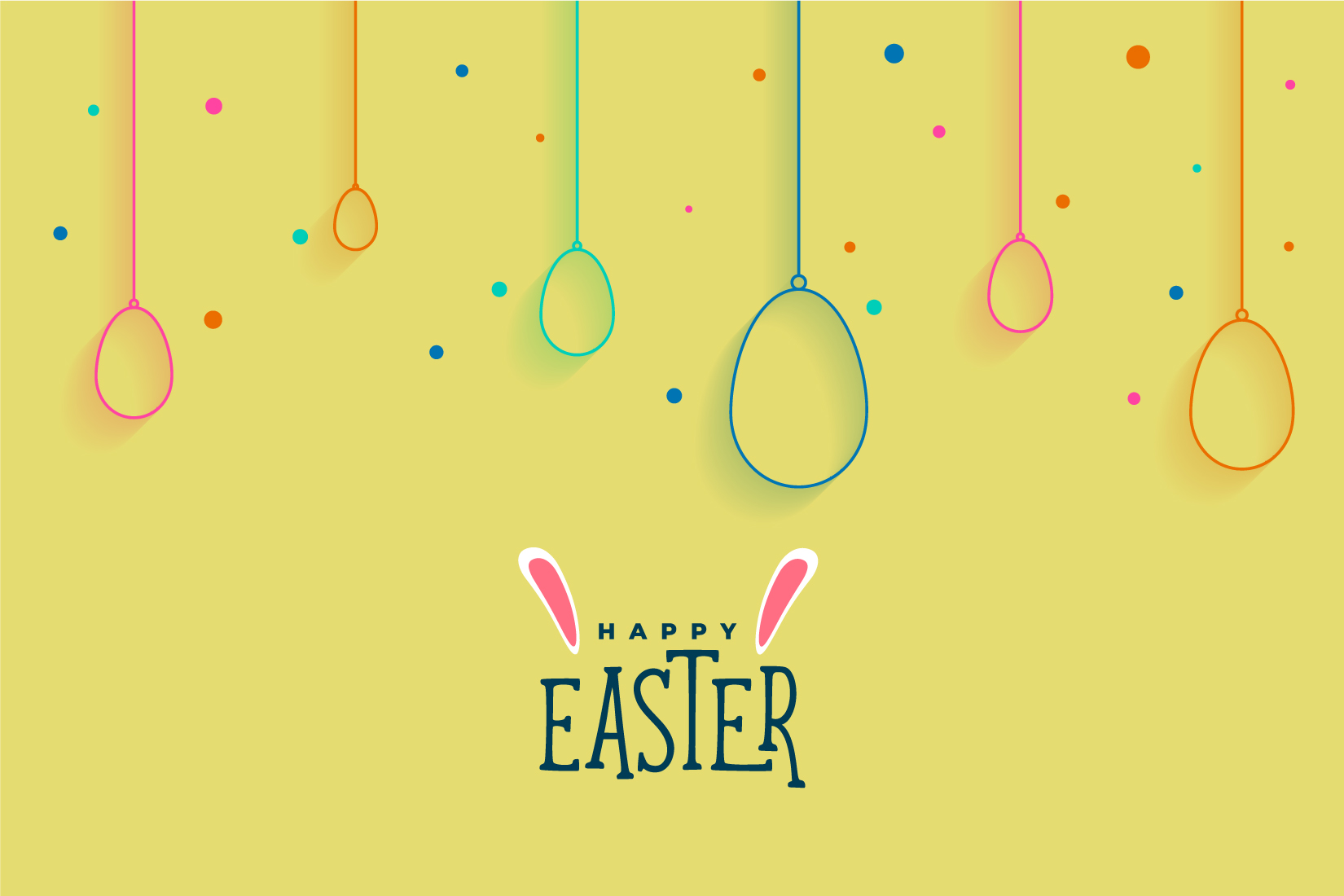 Happy easter card with eggs hanging from strings.