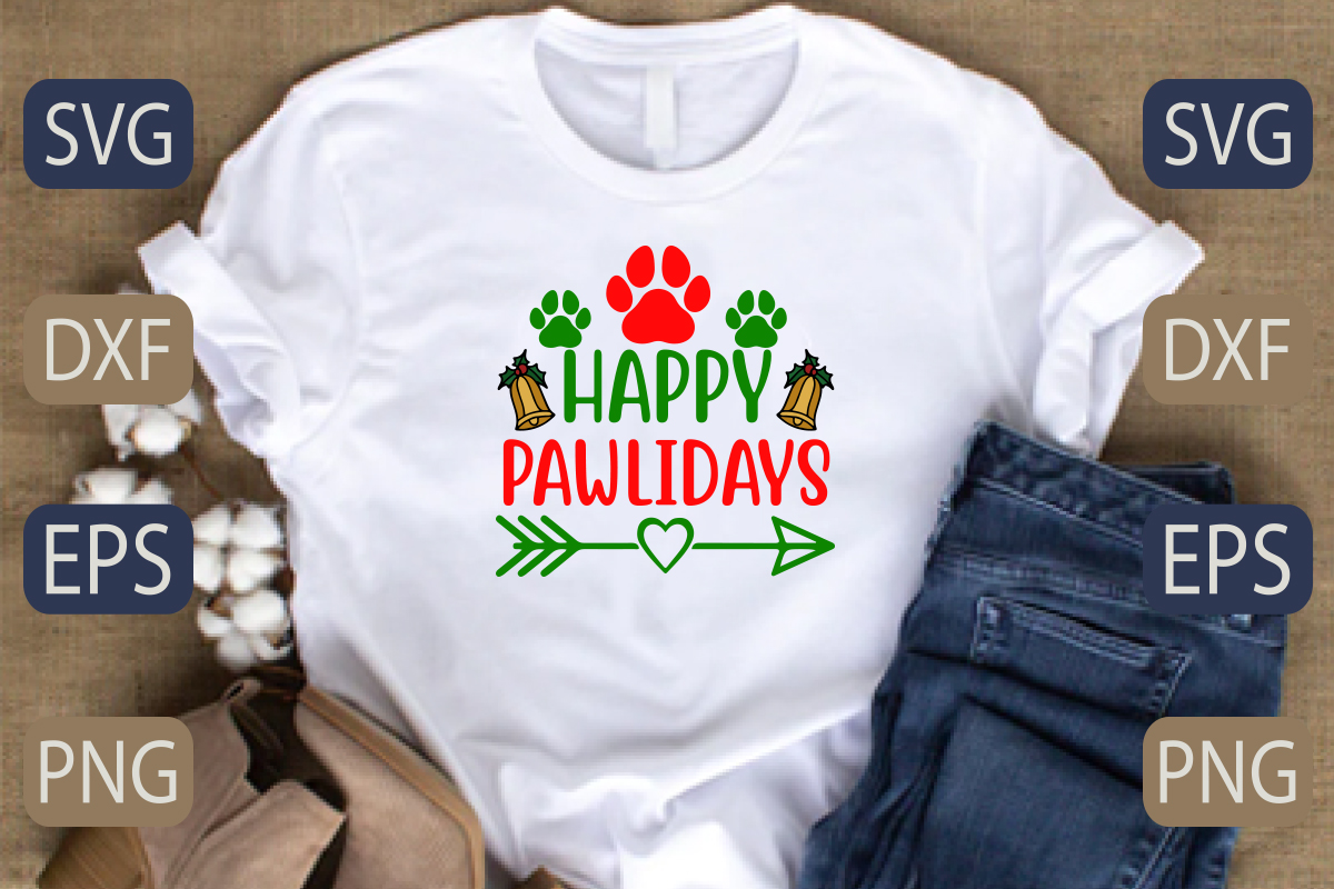 White shirt with the words happy pawday's on it.