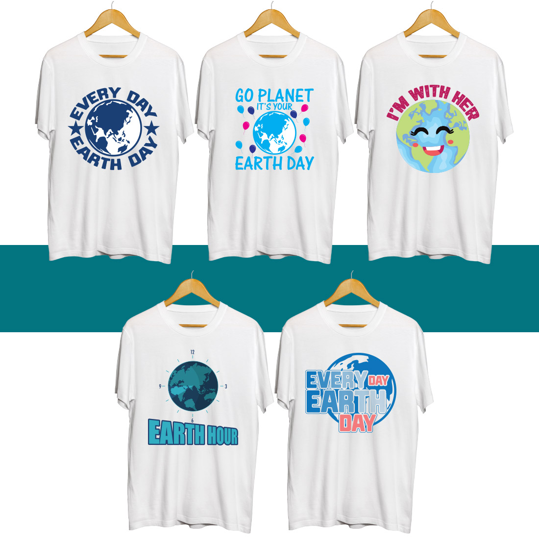 Four t - shirts with earth day designs on them.