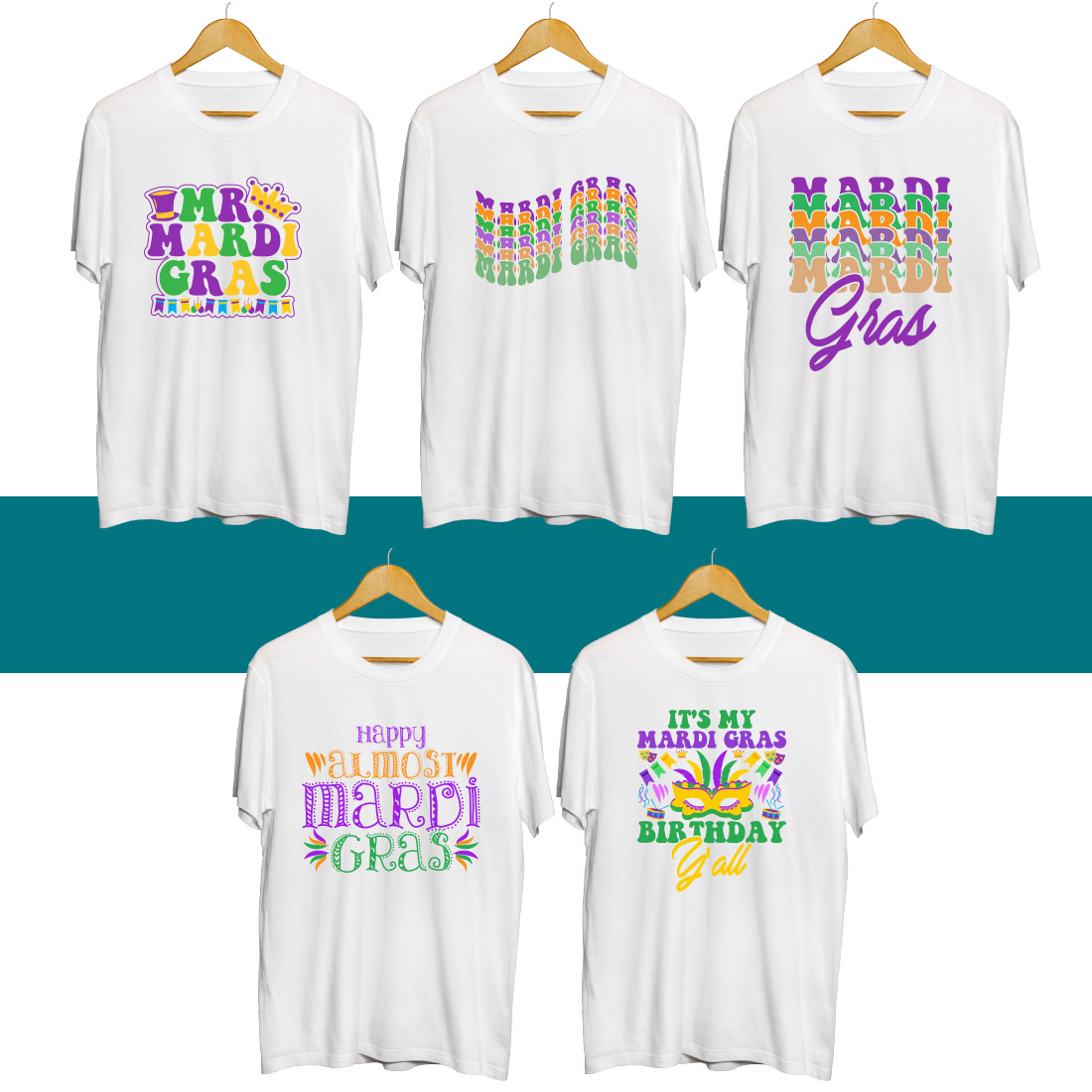 Four t - shirts with the words mardi gras on them.