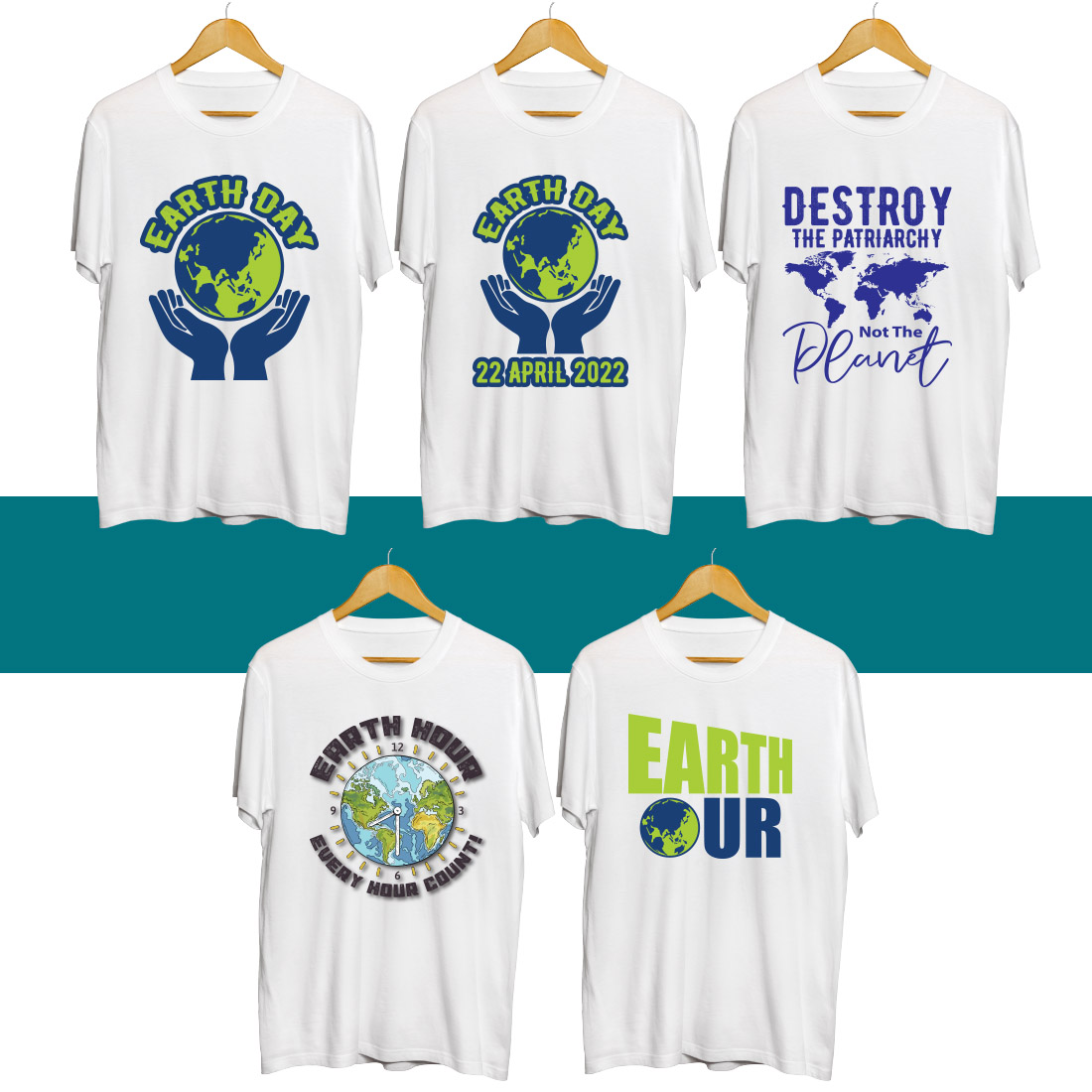Four t - shirts with the earth our planet on them.