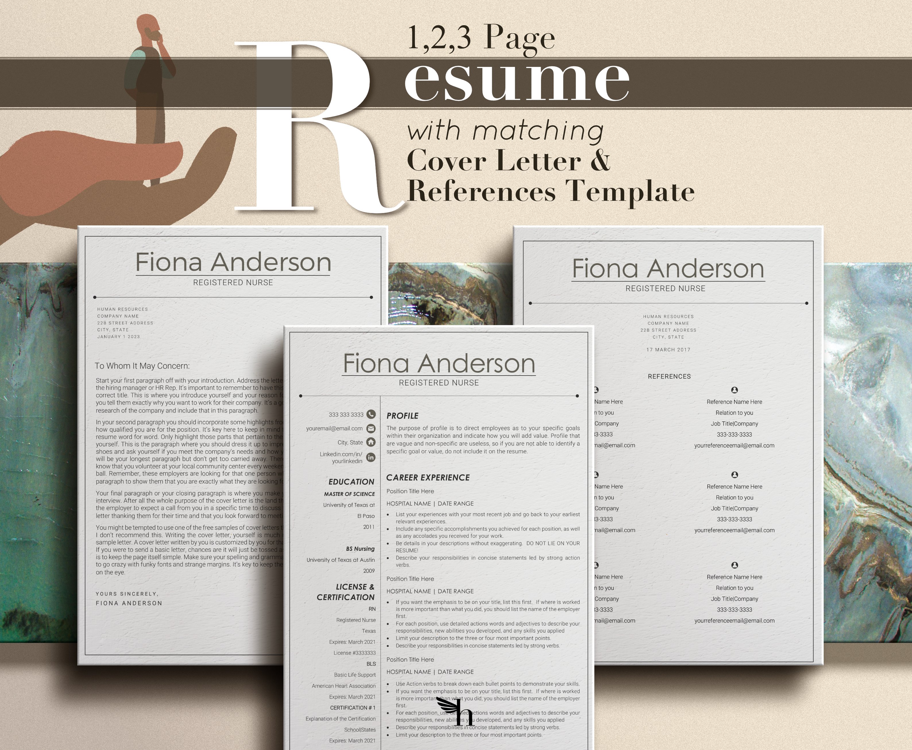 Set of three resume templates with a hand holding a piece of paper.
