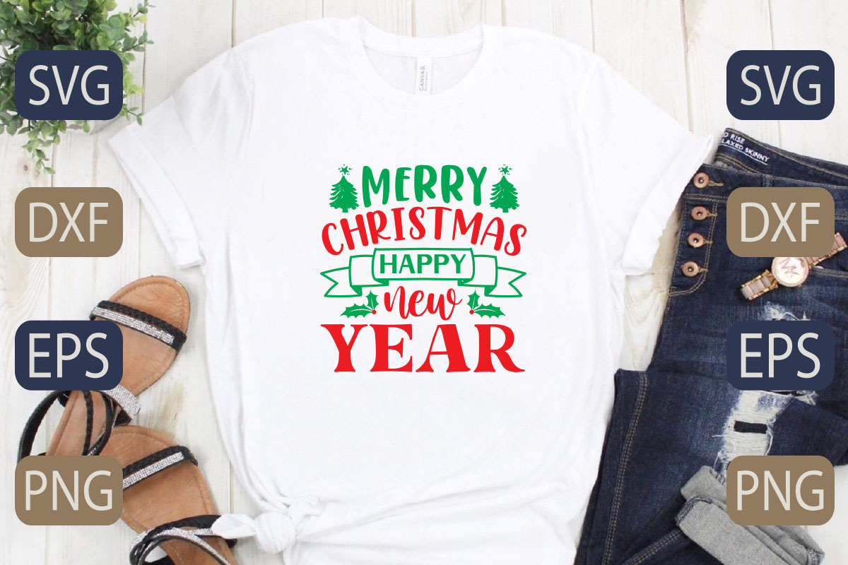T - shirt that says merry christmas happy new year.