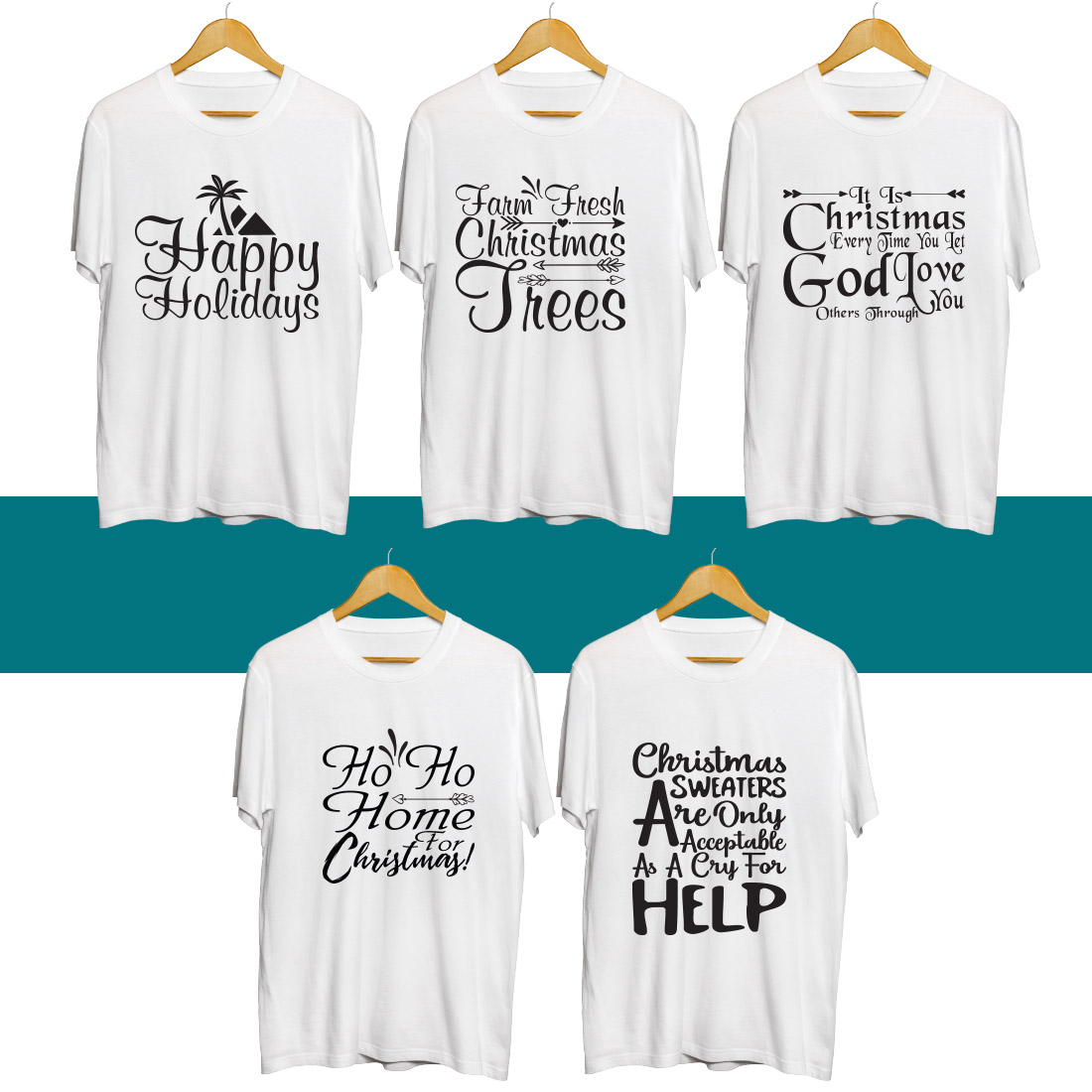 Four t - shirts with christmas sayings on them.