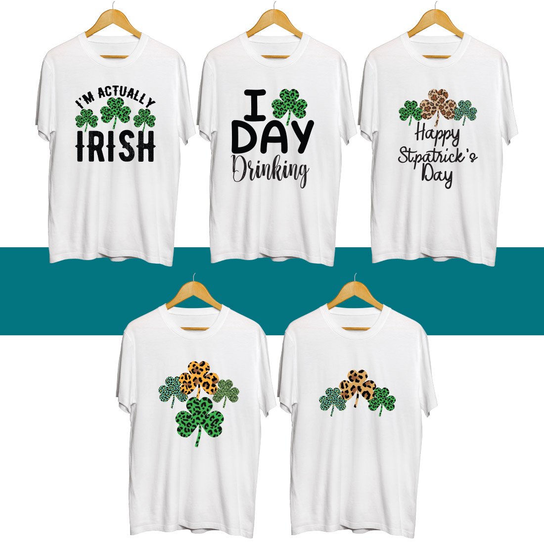 Four st patrick's day shirts on a hanger.