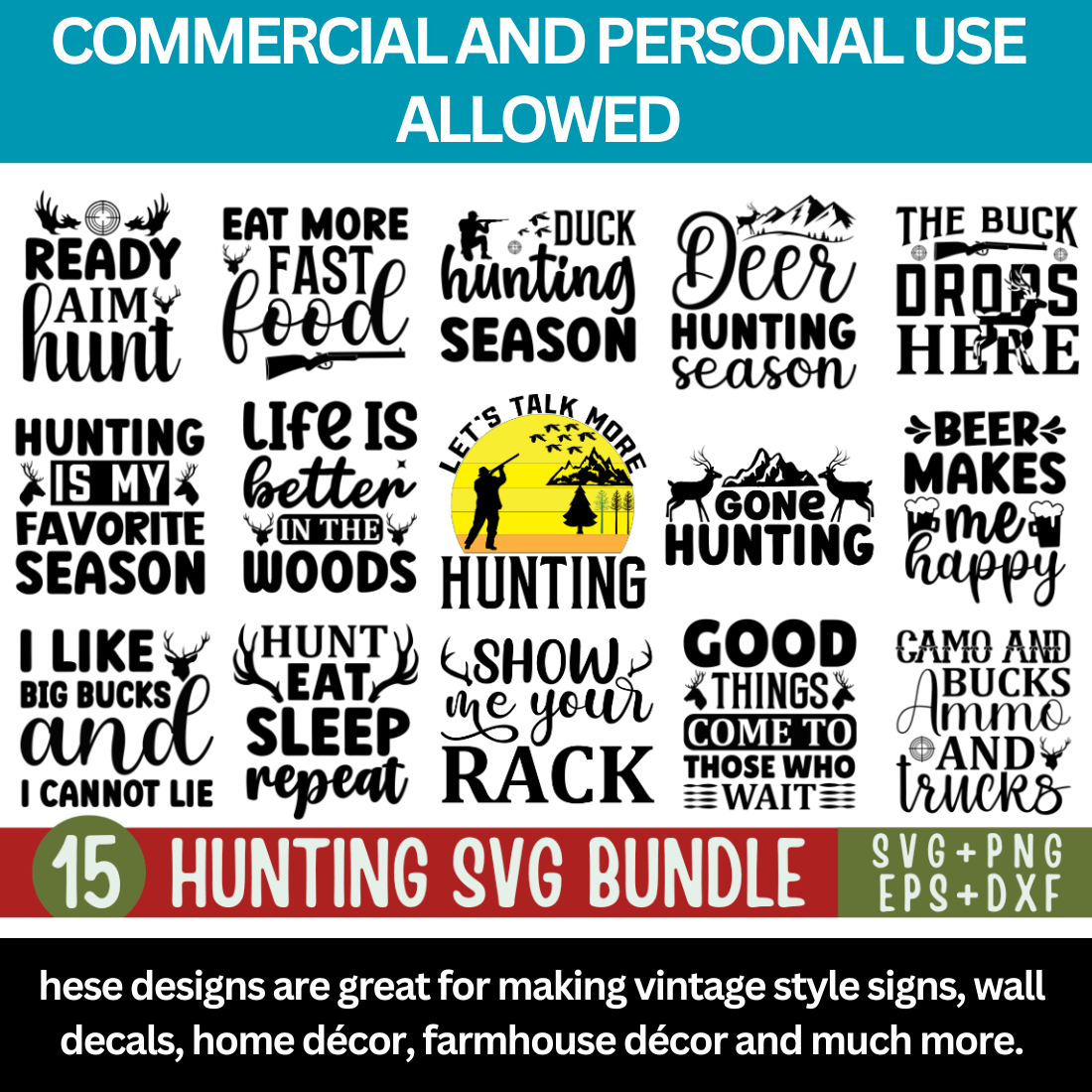 Poster with the words hunting svg bundle.