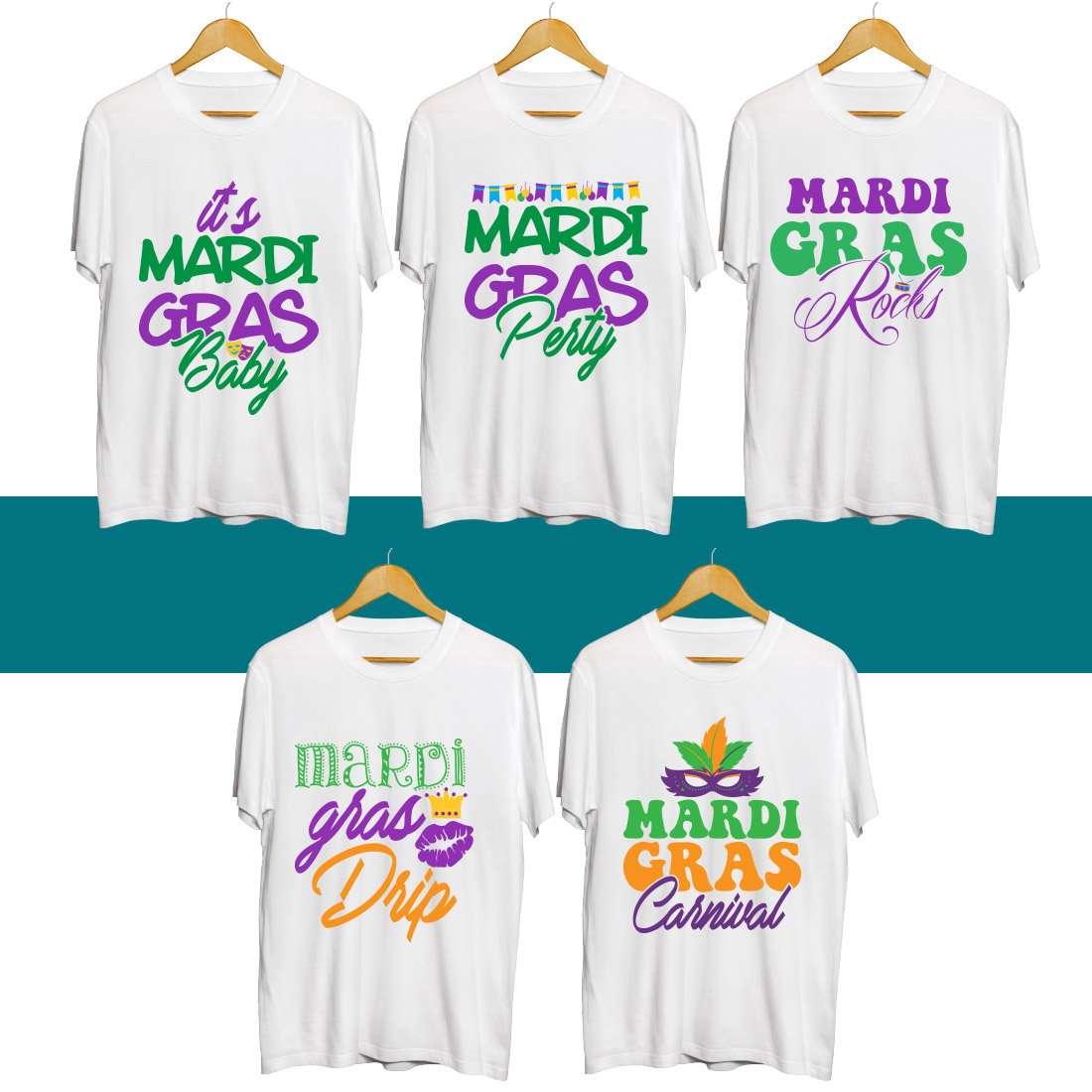 Group of t - shirts that say mardi gras party.