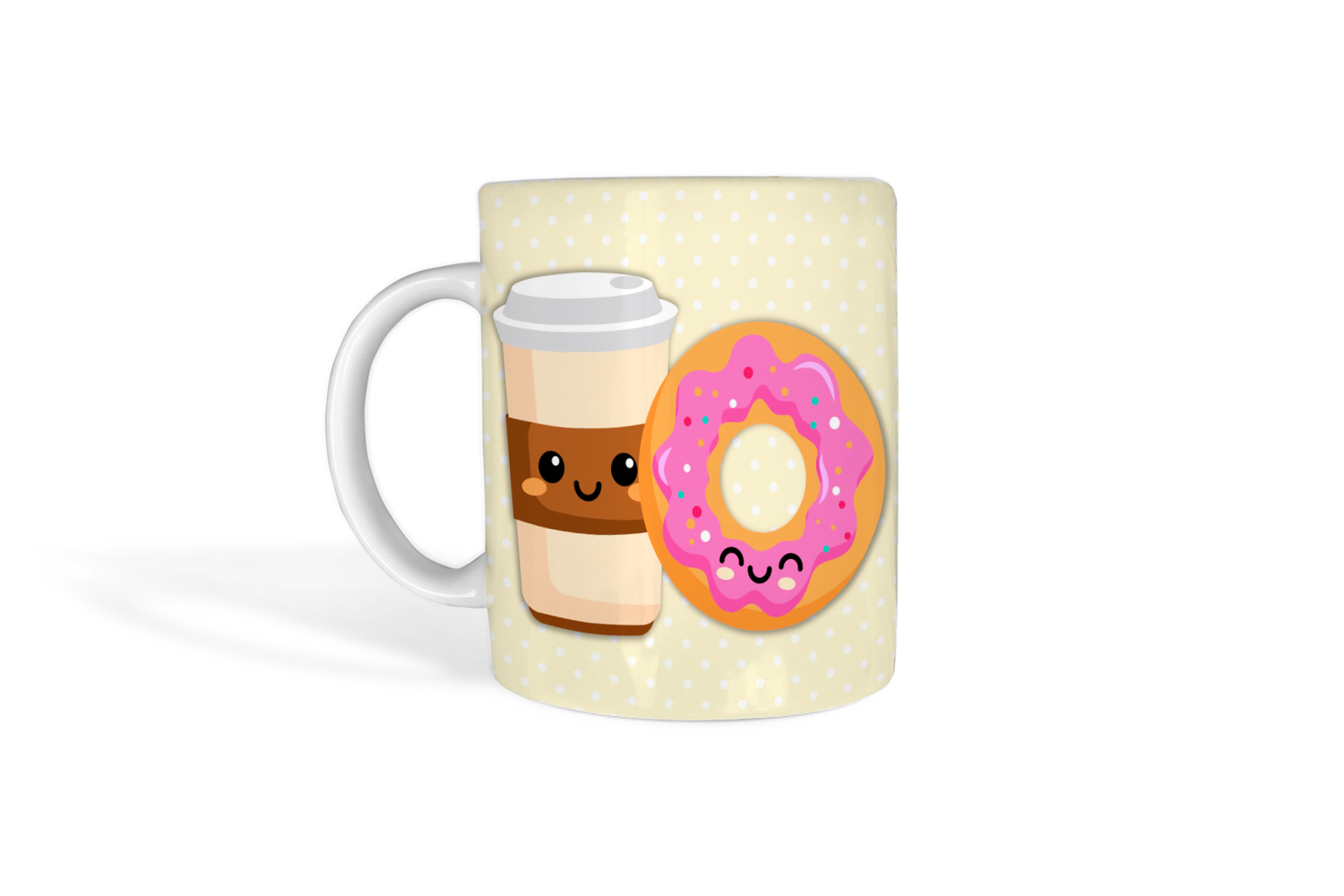 Coffee mug with a donut and a cup of coffee.