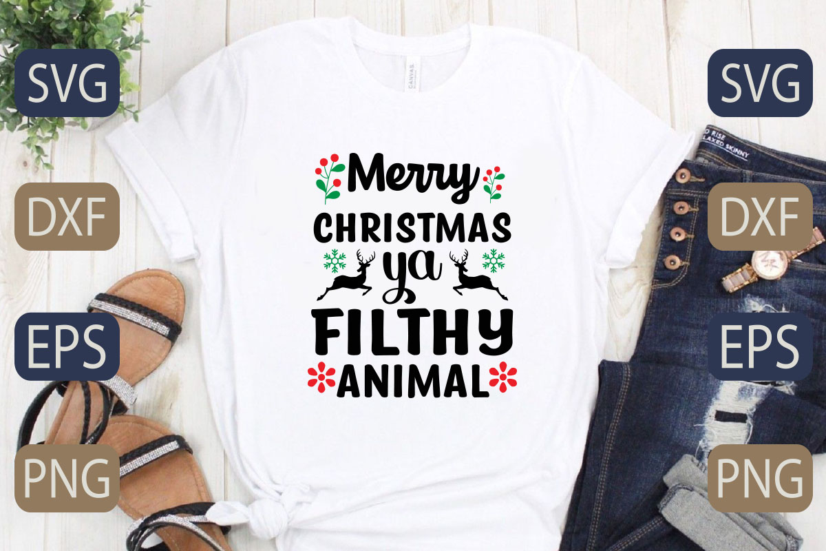 T - shirt with the words merry christmas and a reindeer on it.