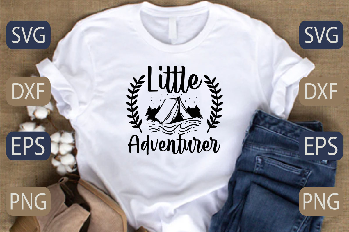 T - shirt that says little adventurer with a tent in the background.