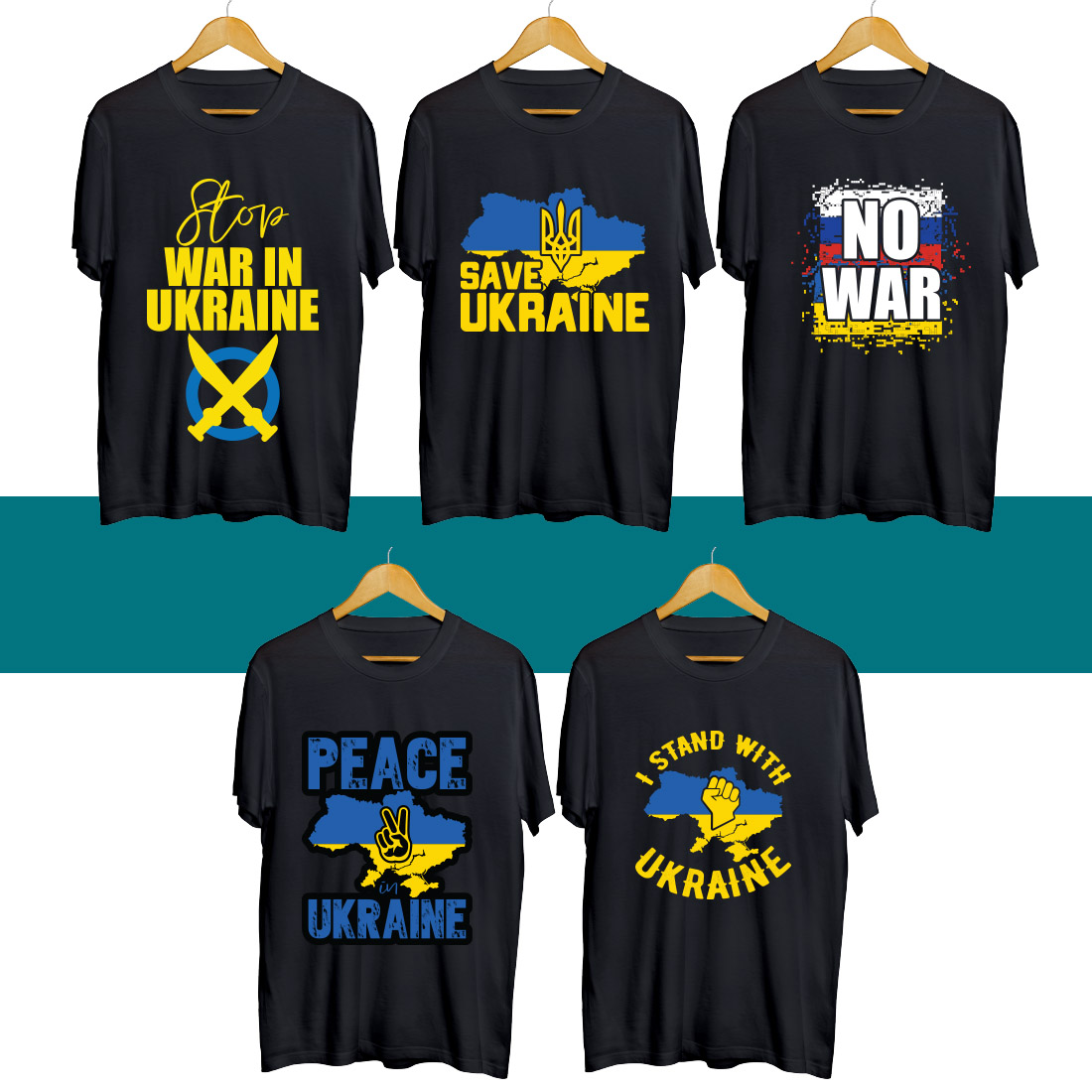 Four t - shirts that say peace and ukraine.