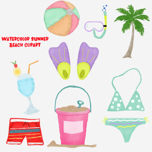 Summer Beach Clipart, Watercolor Beach Clipart, Summer essentials, Beach Fashion Clip art, Tropical Summer, Vacation, Holiday, PNG, Cocktail cover image.