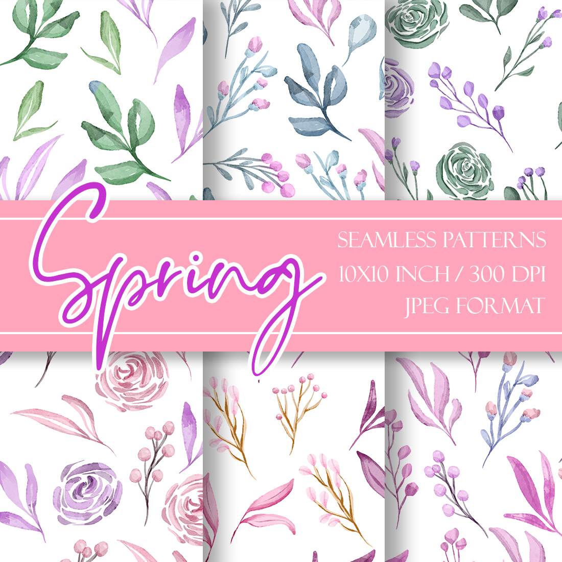 SPRING Watercolor Floral Digital Papers cover image.