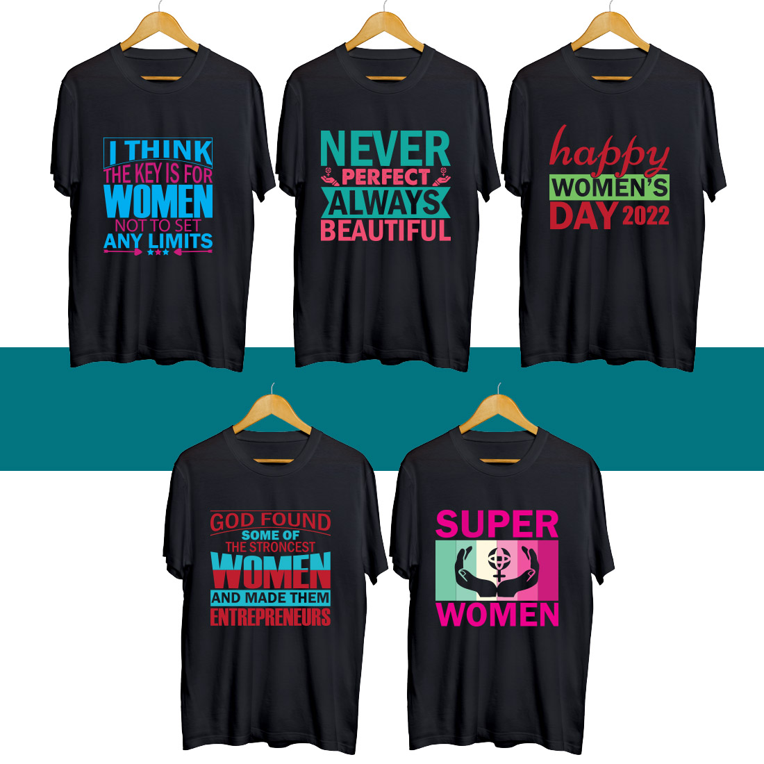 Four t - shirts with different slogans on them.