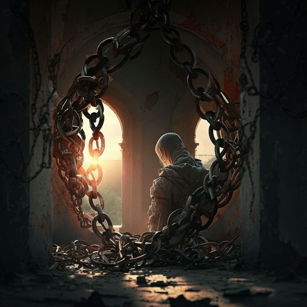 Man standing in a doorway surrounded by chains.