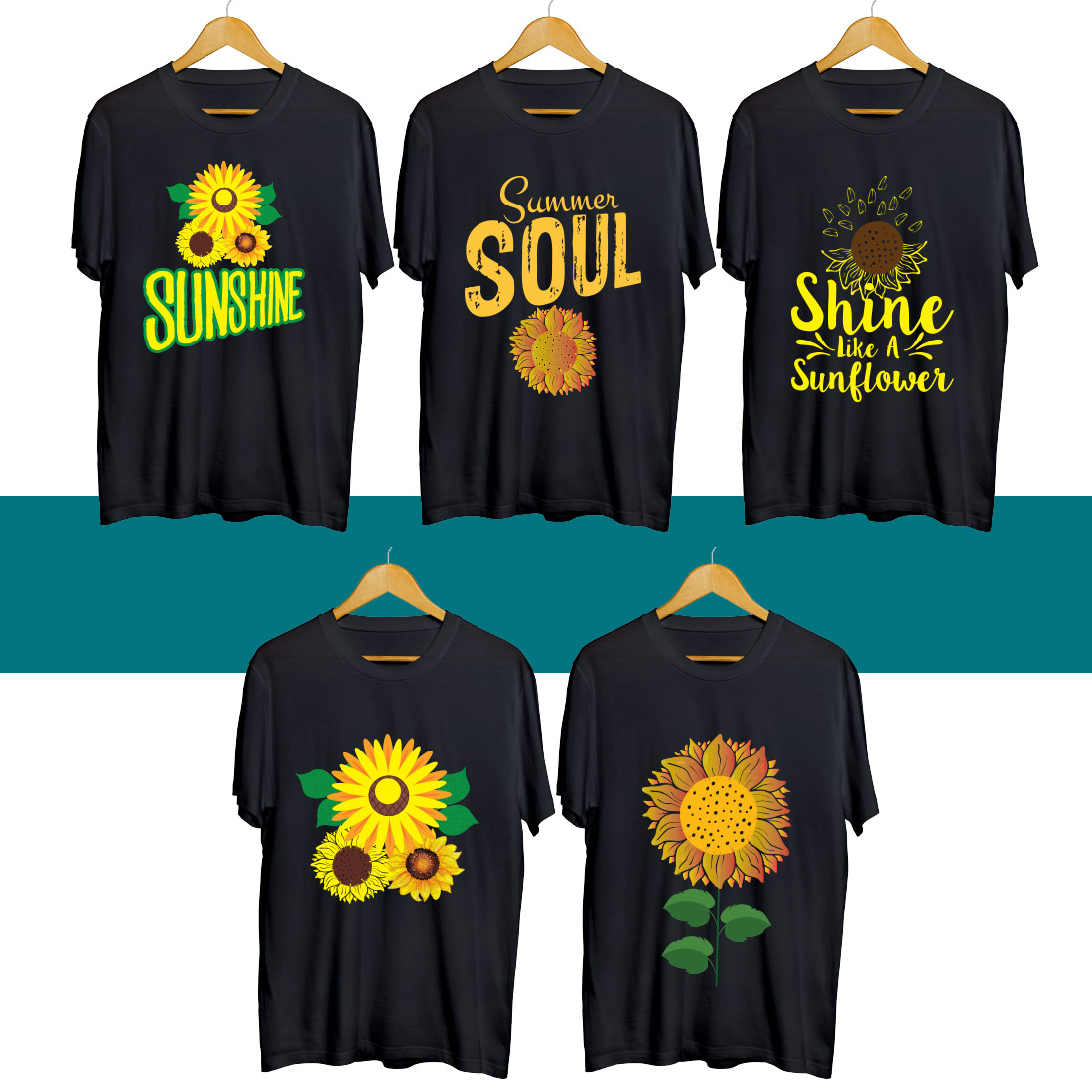 Four t - shirts with sunflowers on them.