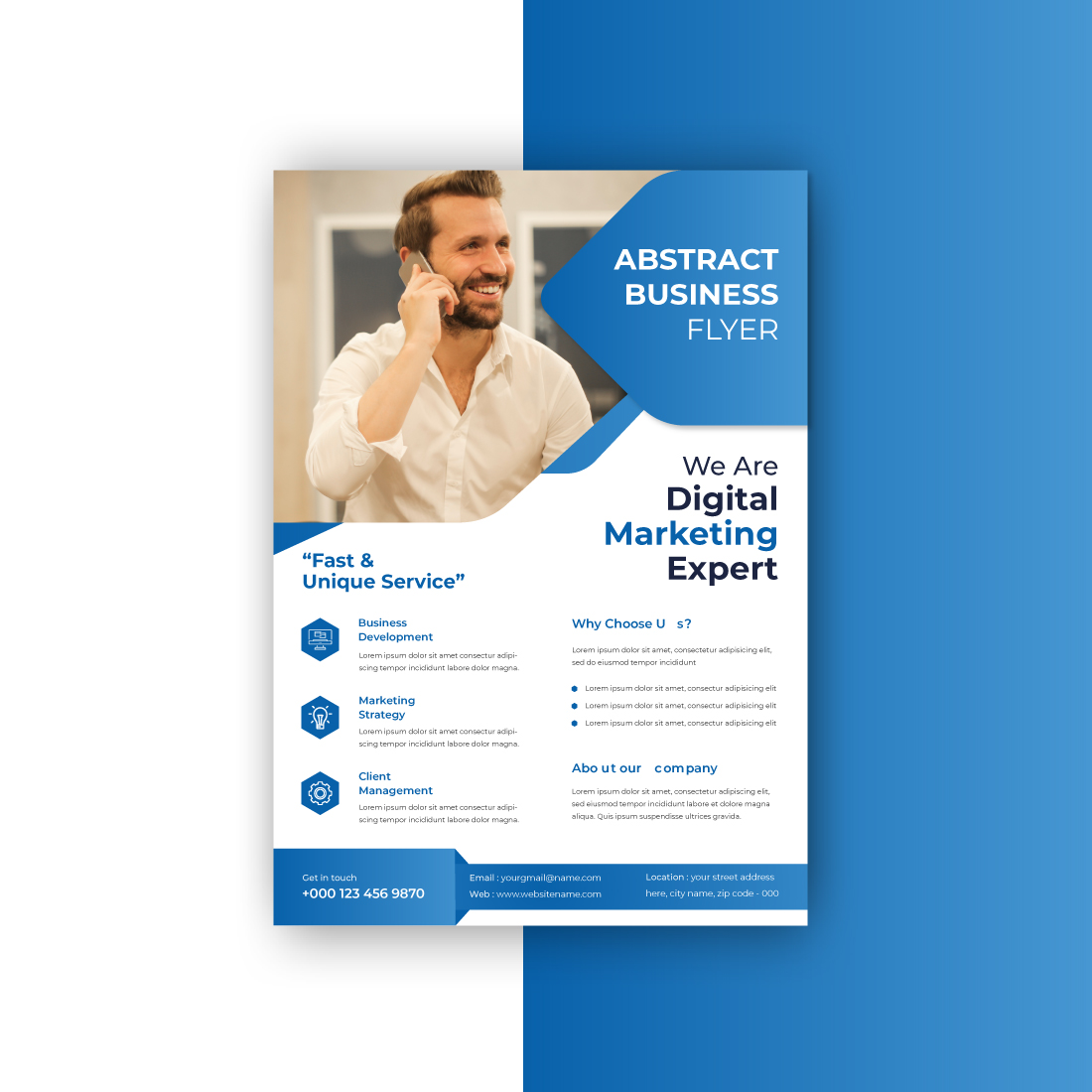 Blue and white flyer for a digital marketing expert.