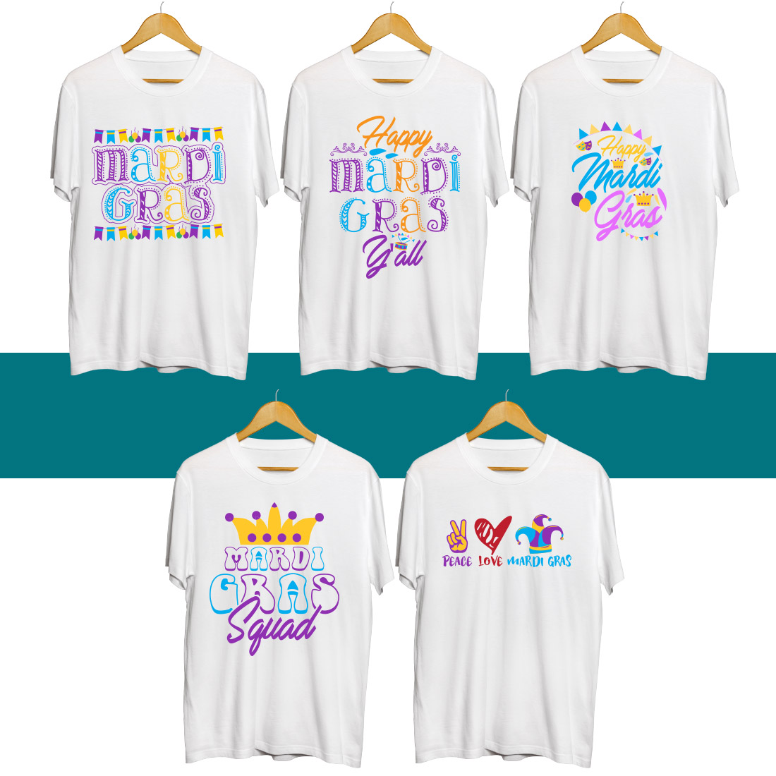 Group of t - shirts that say happy mardi gras.