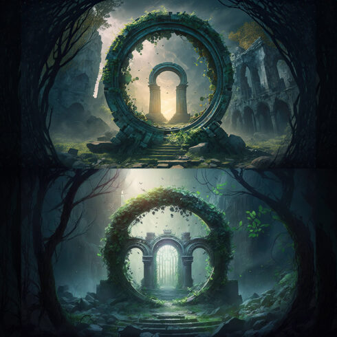 Journey Through the Mystical Portal ruins background cover image.