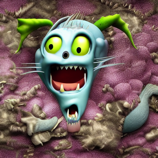 Cartoon character with green eyes and a mouth full of teeth.