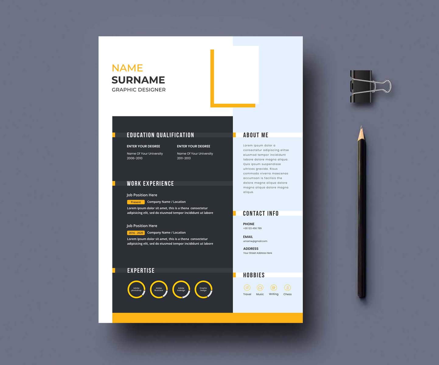 Yellow and black resume template with a pencil.