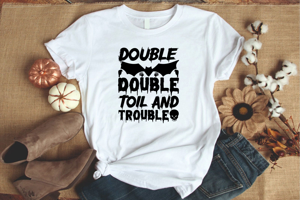 T - shirt that says double trouble with a bat on it.