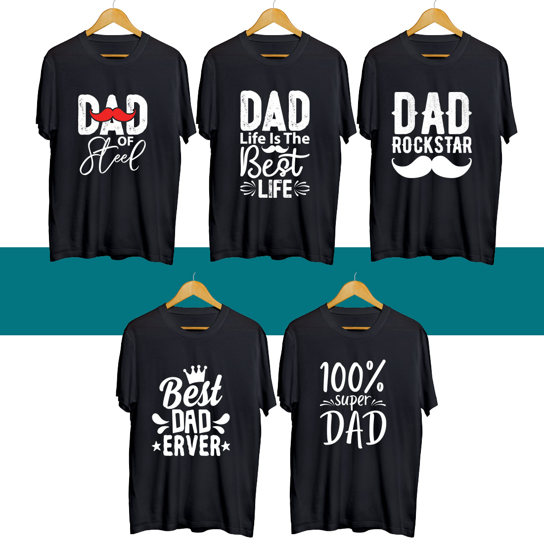 Four t - shirts with the words dad of the rock star on them.