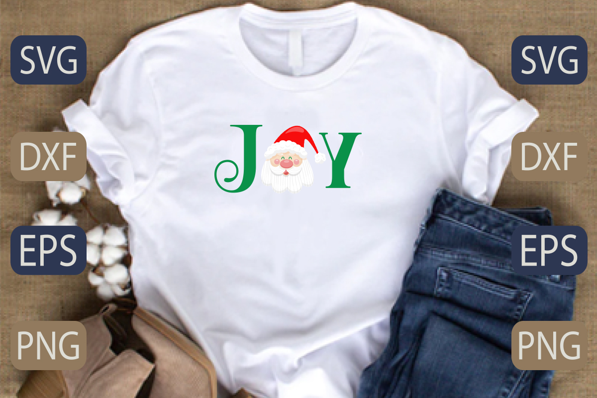 T - shirt that says joy with a santa clause on it.