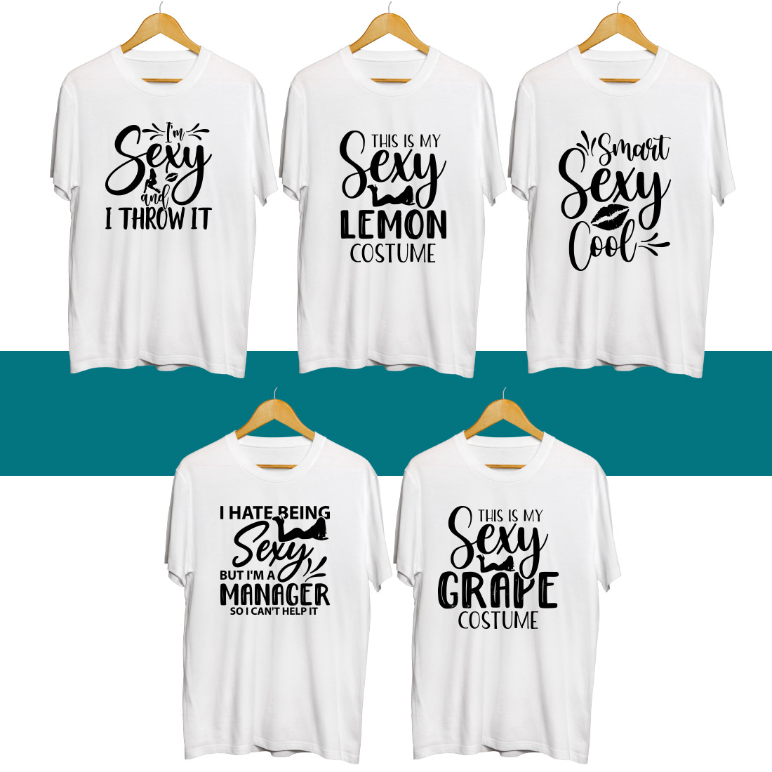 Six t - shirts with different sayings on them.