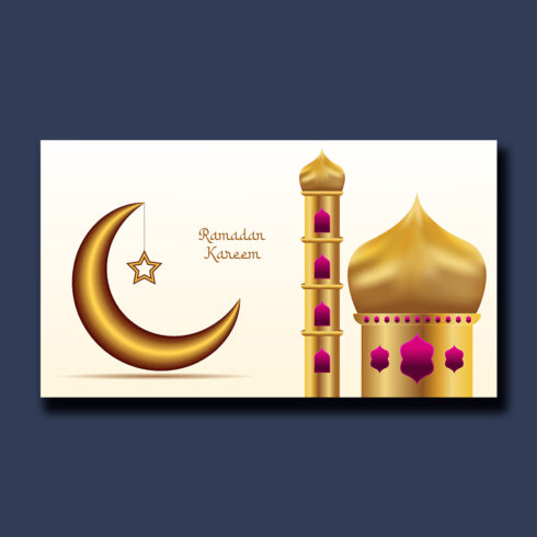 Elegant Islamic Design for Ramadan Celebrations with 3D Moon, Stars and Mosque cover image.