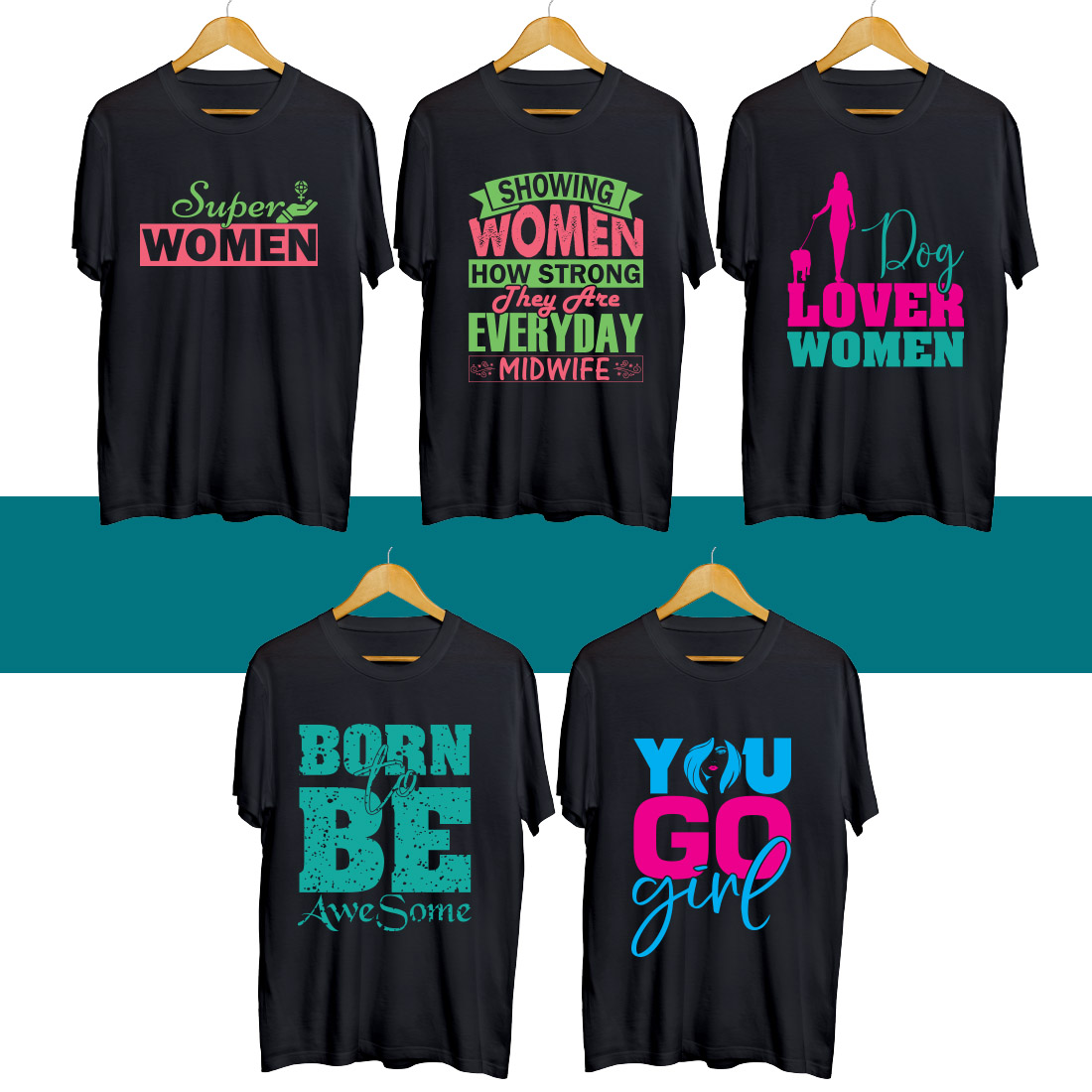 Four t - shirts with different sayings on them.