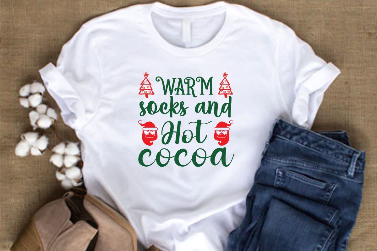 T - shirt that says warm socks and hot cocoa.