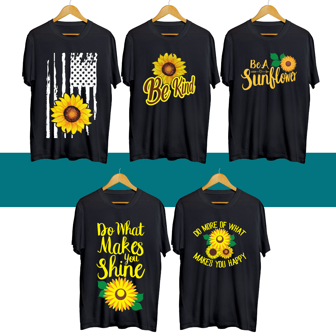 Four shirts with sunflowers on them on a hanger.
