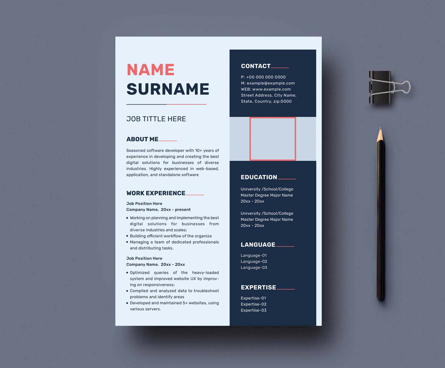 Professional resume template with a pencil and a pen.
