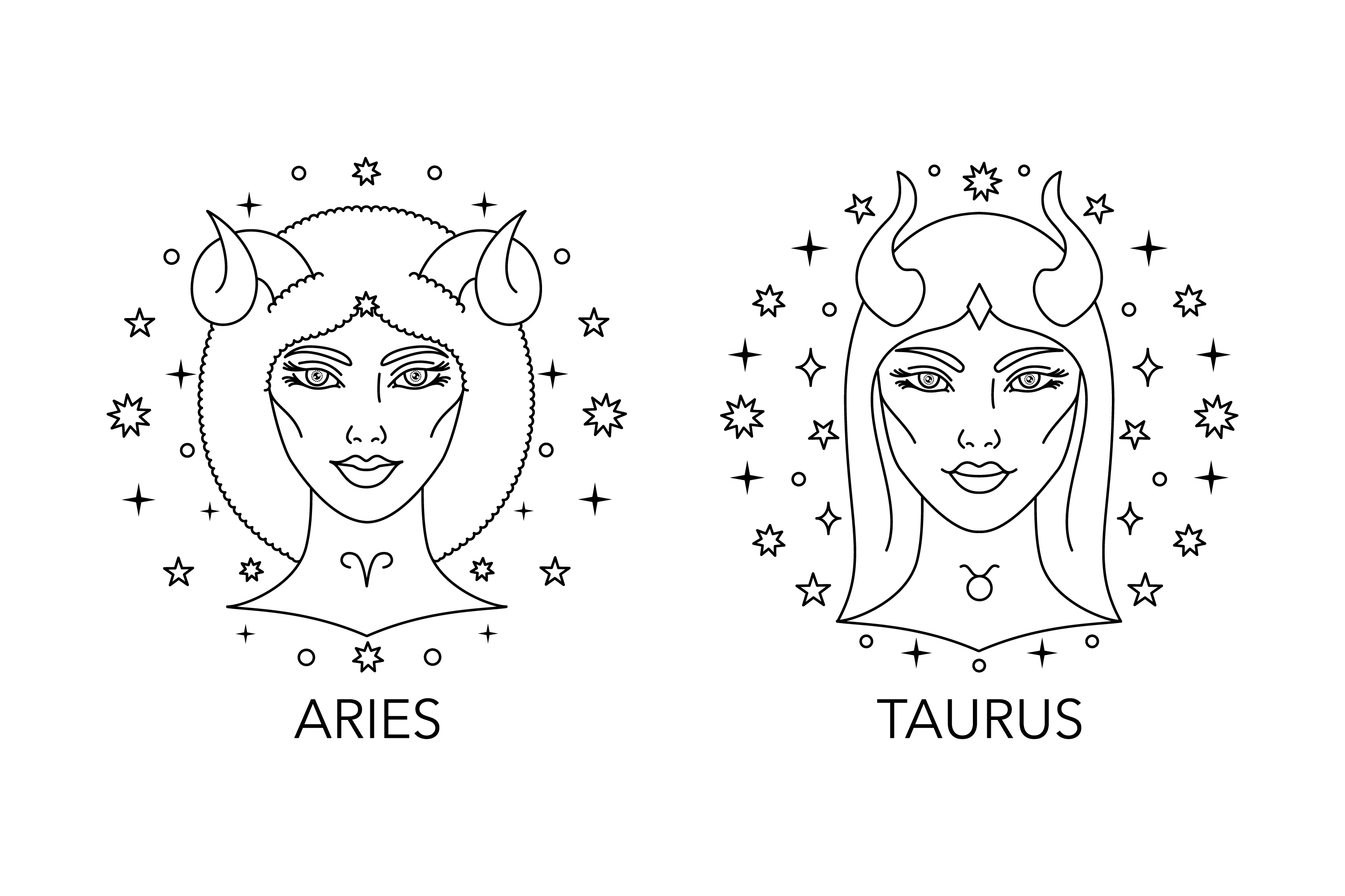 Two zodiac signs with the names aris and taurus.