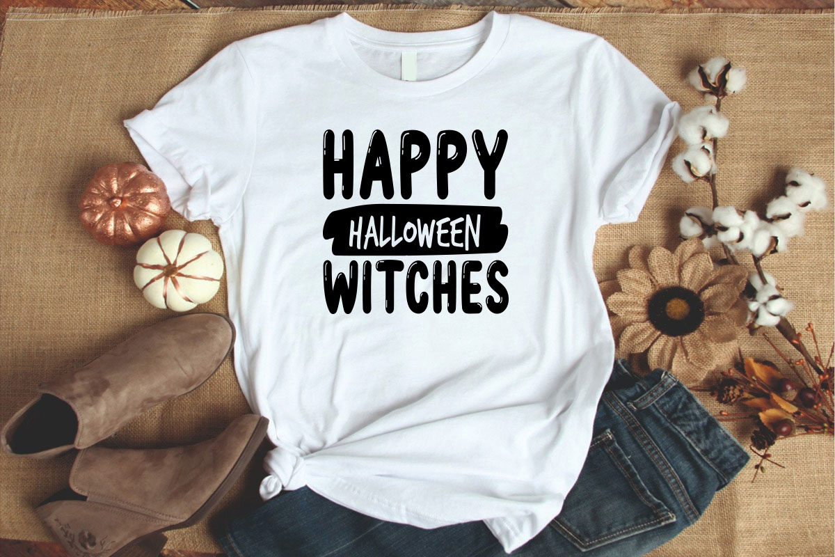 White shirt that says happy halloween witches.
