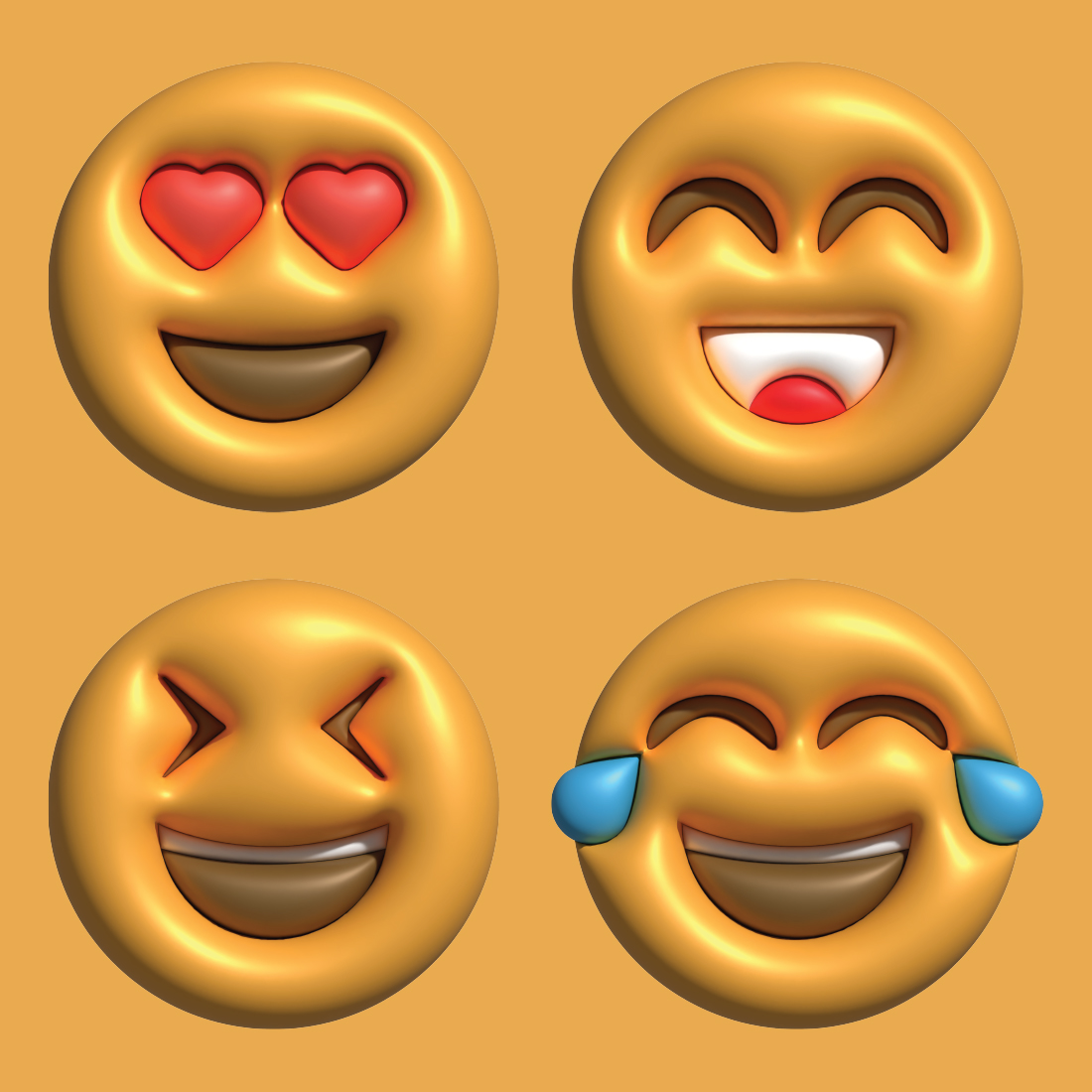 Set of four emoticions with hearts and eyes.