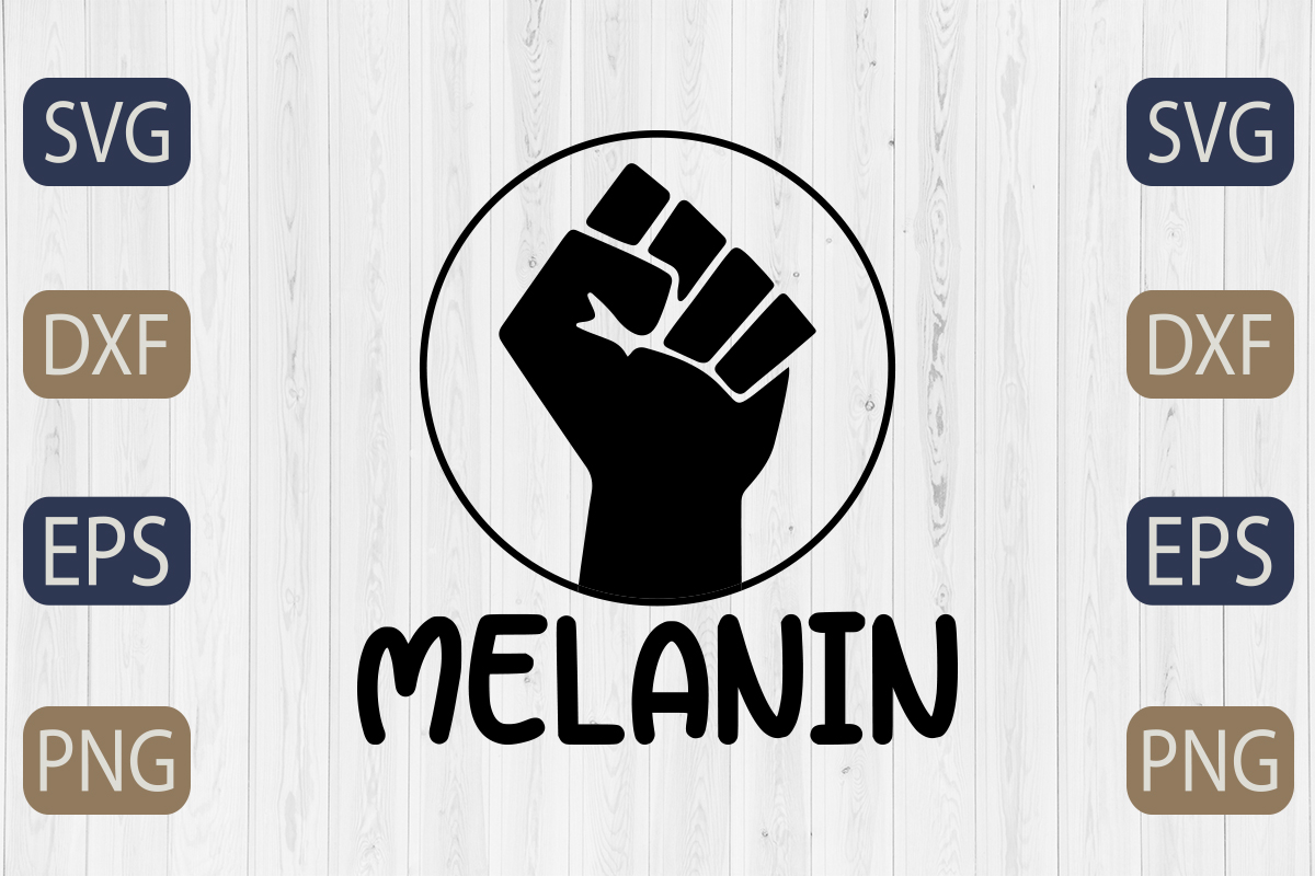 Black and white photo of a fist with the word melanin on it.