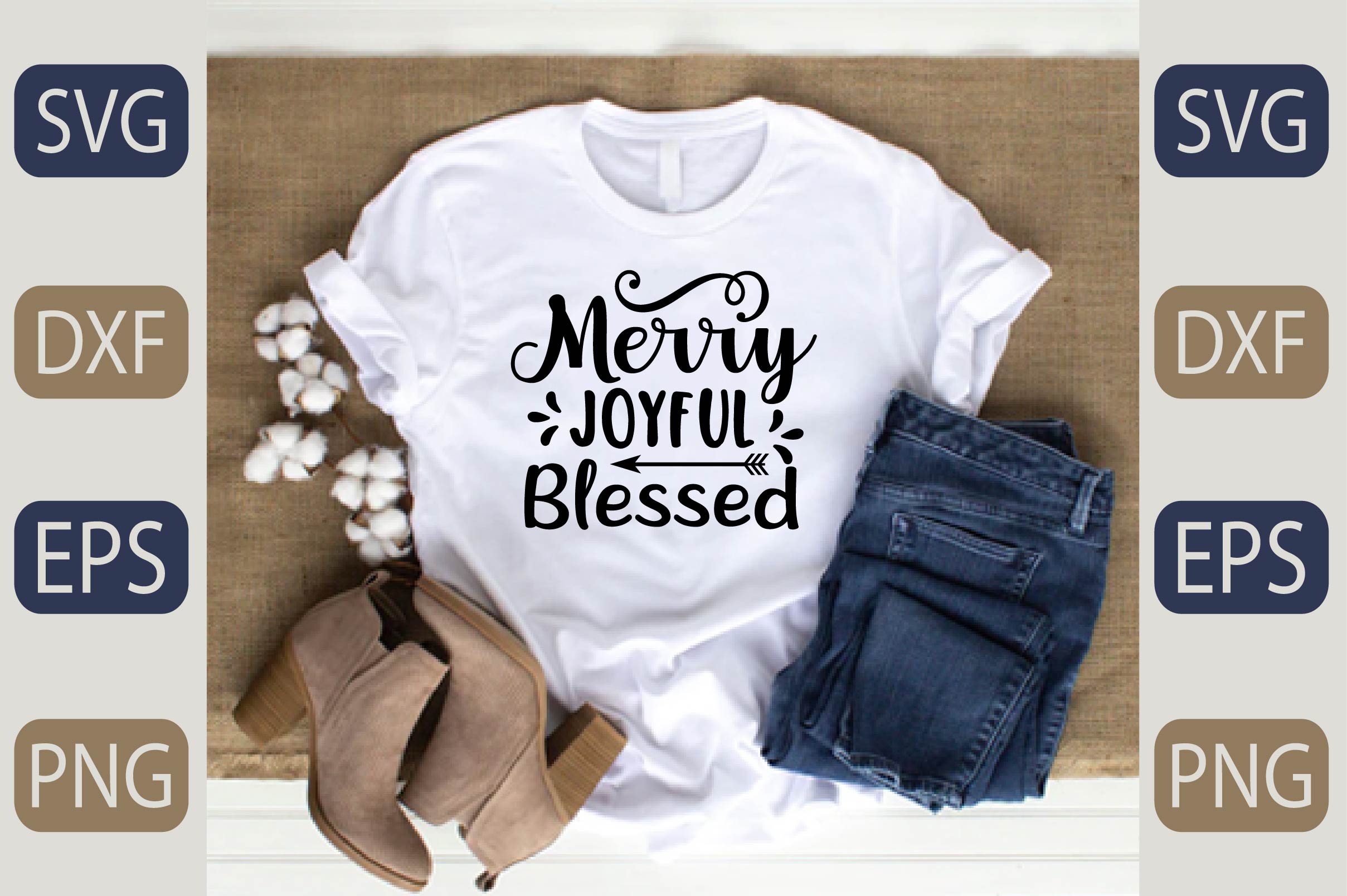 T - shirt that says merry joy and a pair of jeans.