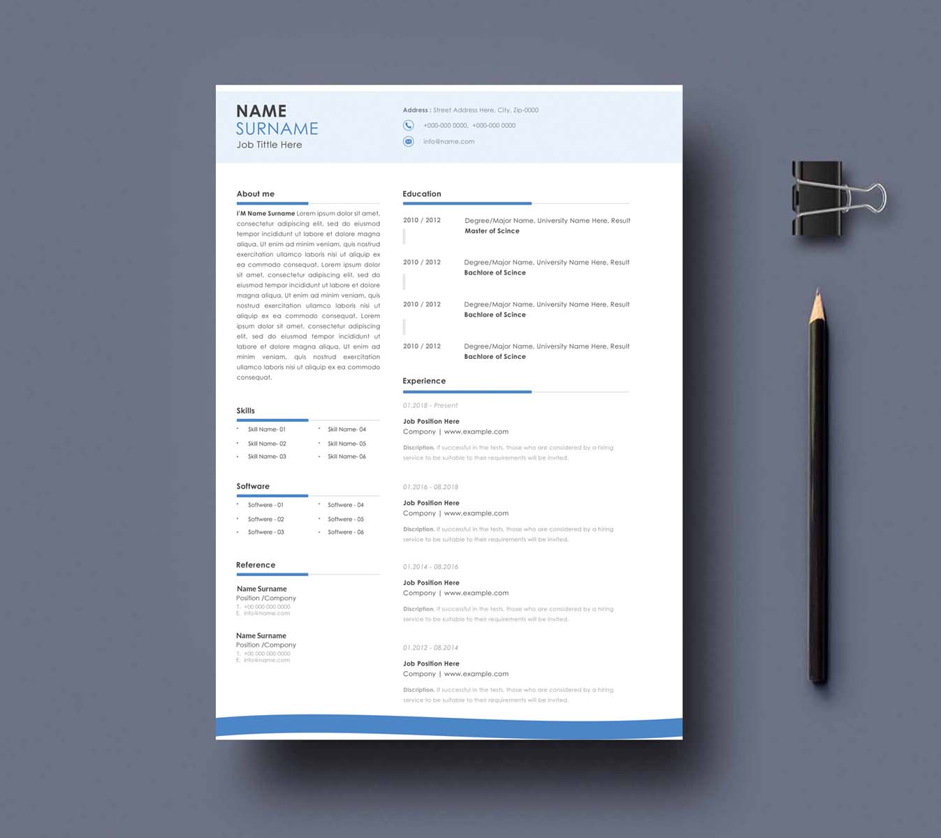 Clean and professional resume template with a pencil.