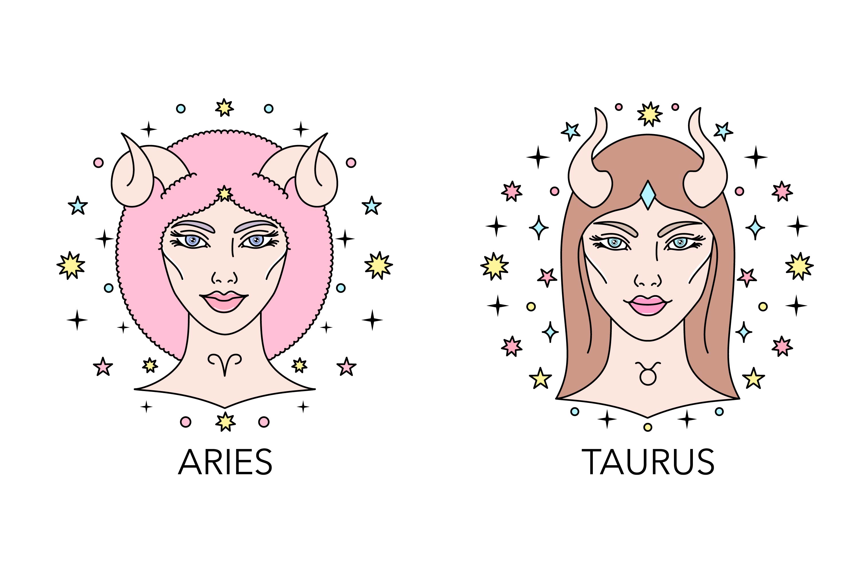 Two women with horns on their heads and the words aris and taurus.