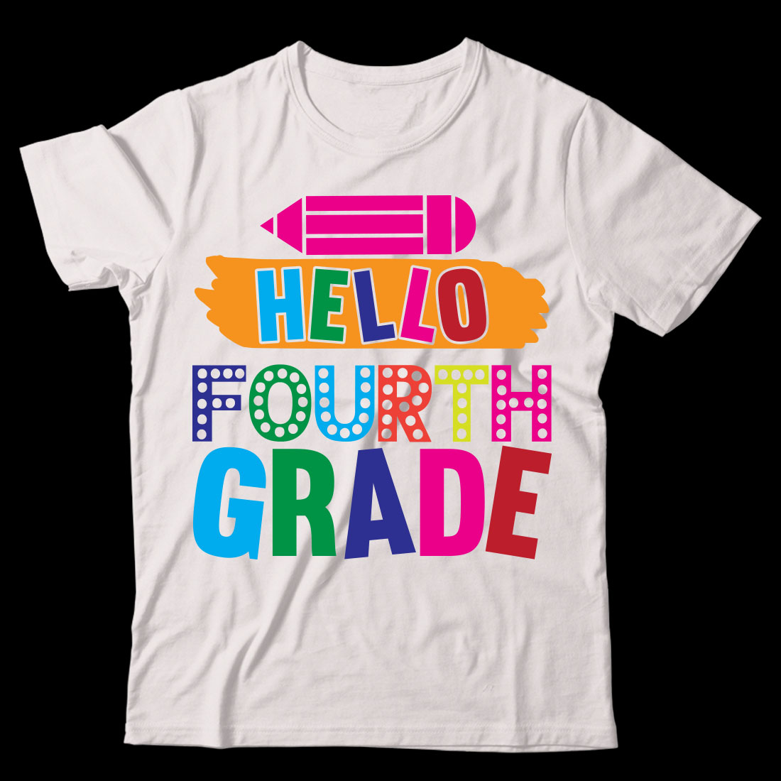 White t - shirt with the words hello fourth grade on it.