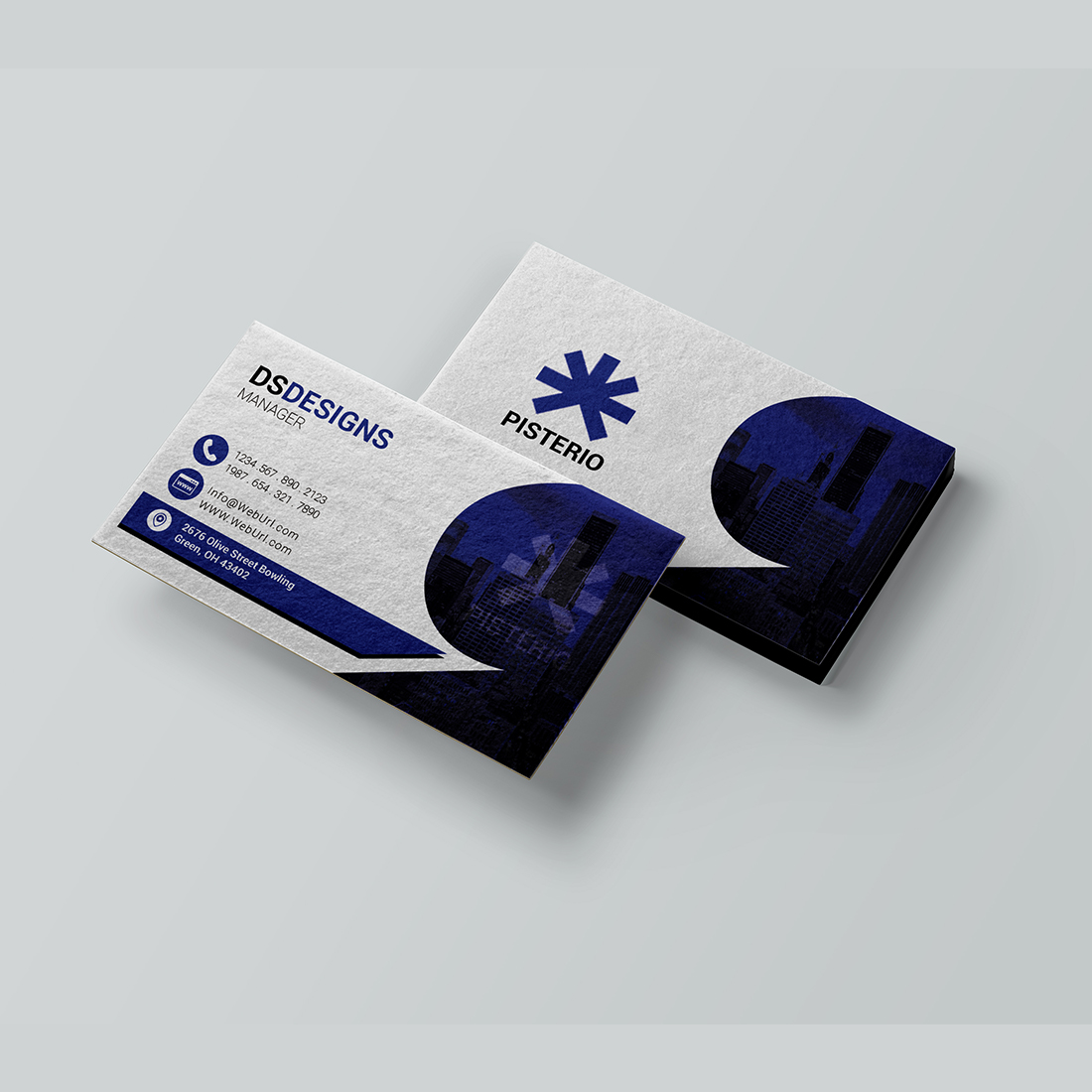 Two business cards with a blue and white design.