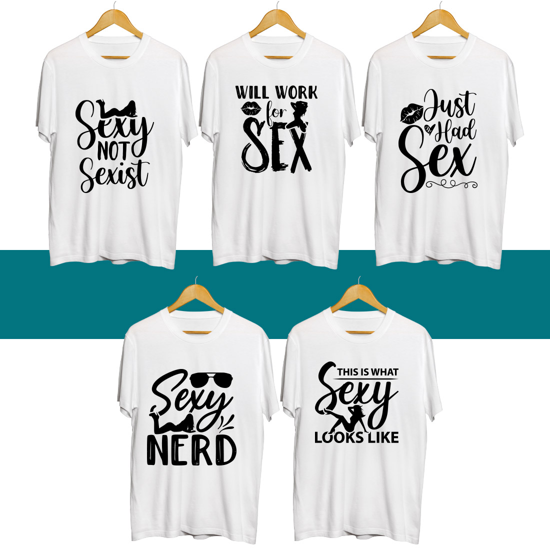 Four t - shirts with the words sex and sex on them.