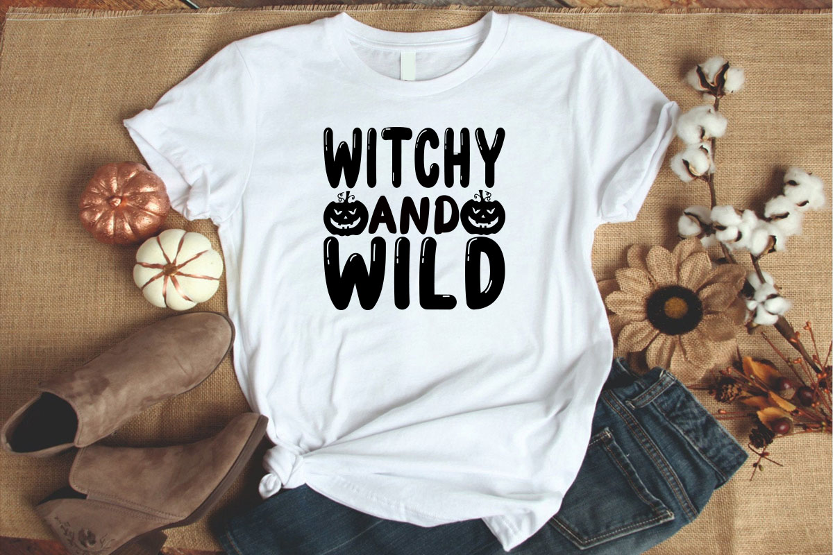 White t - shirt that says witch and wild.